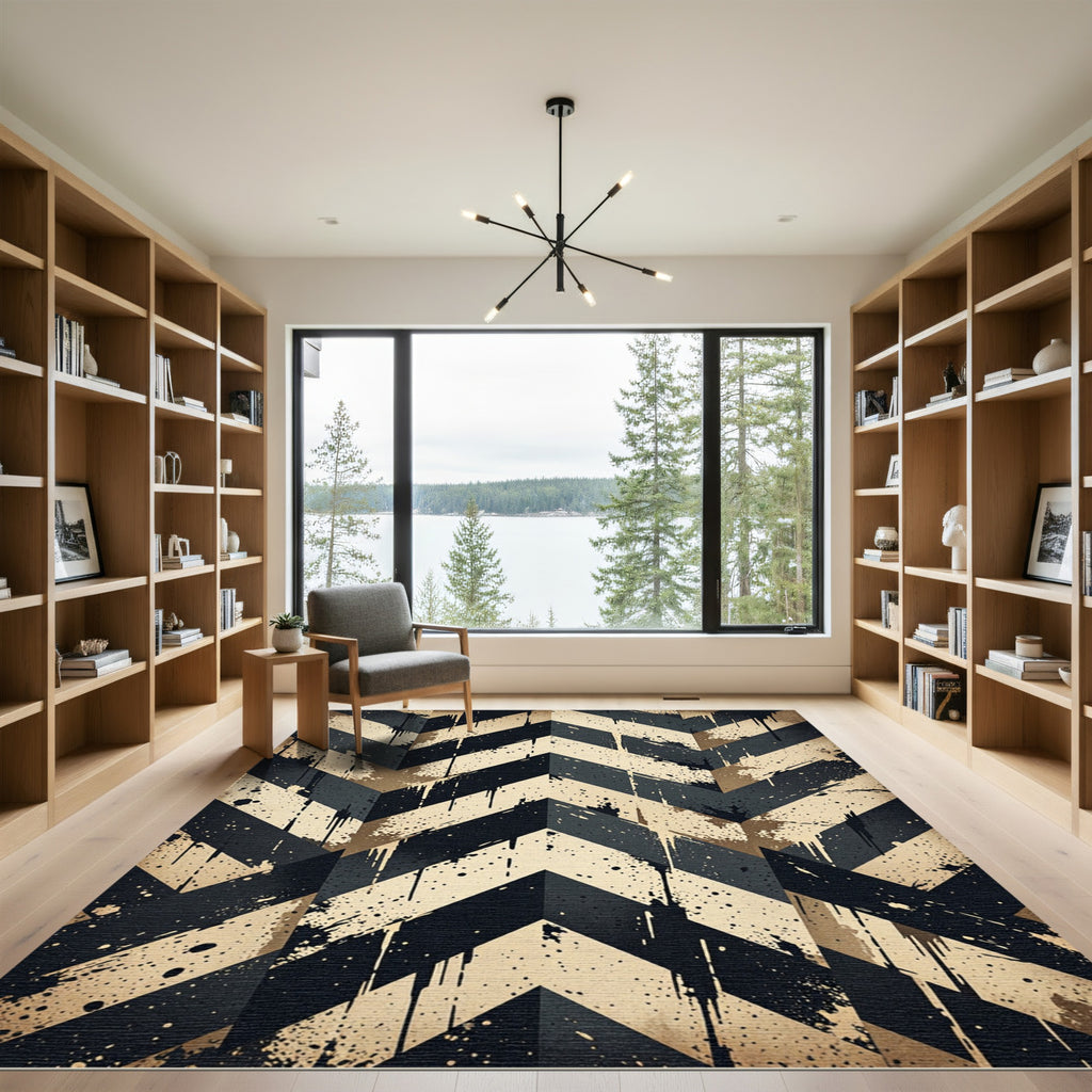 Distressed Monochrome Chevron Geometric Rug