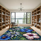 Vibrant Blue White Tropical Flower Medley Rug