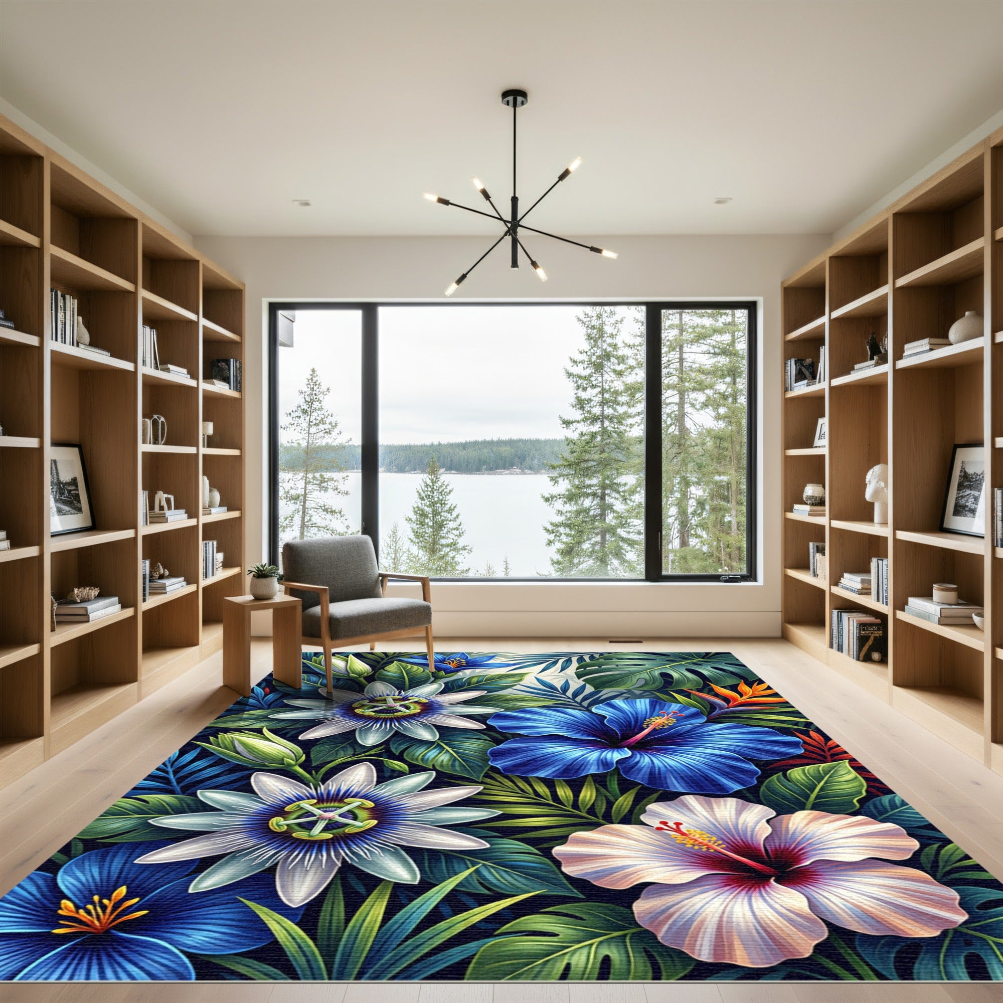 Vibrant Blue White Tropical Flower Medley Rug