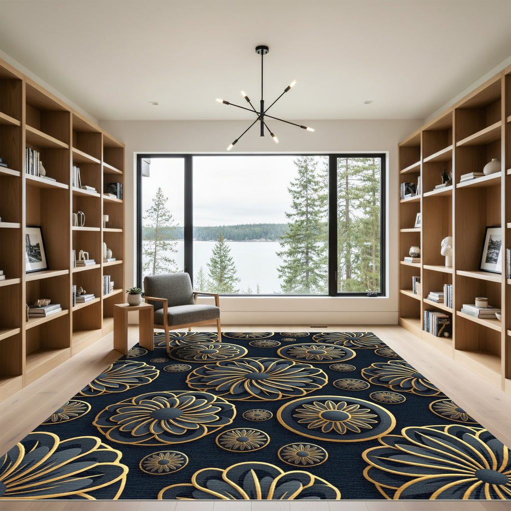 Gold Noir Floral Petal Medallion Rug