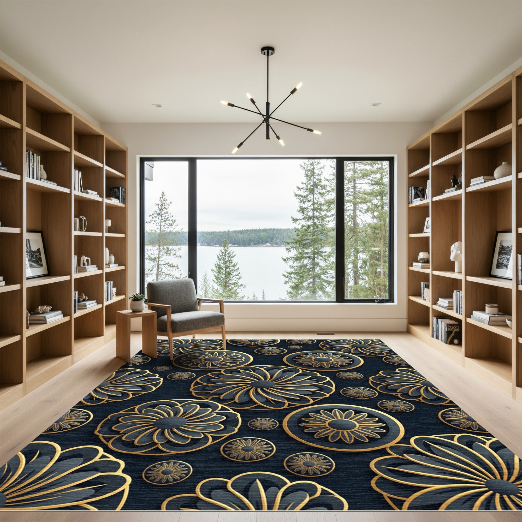 Gold Noir Floral Petal Medallion Rug