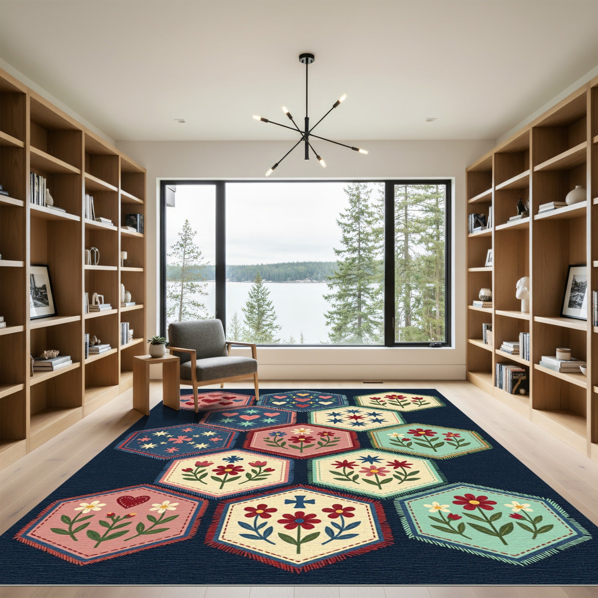 Floral Hexagon Folk Art Quilt Art Rug