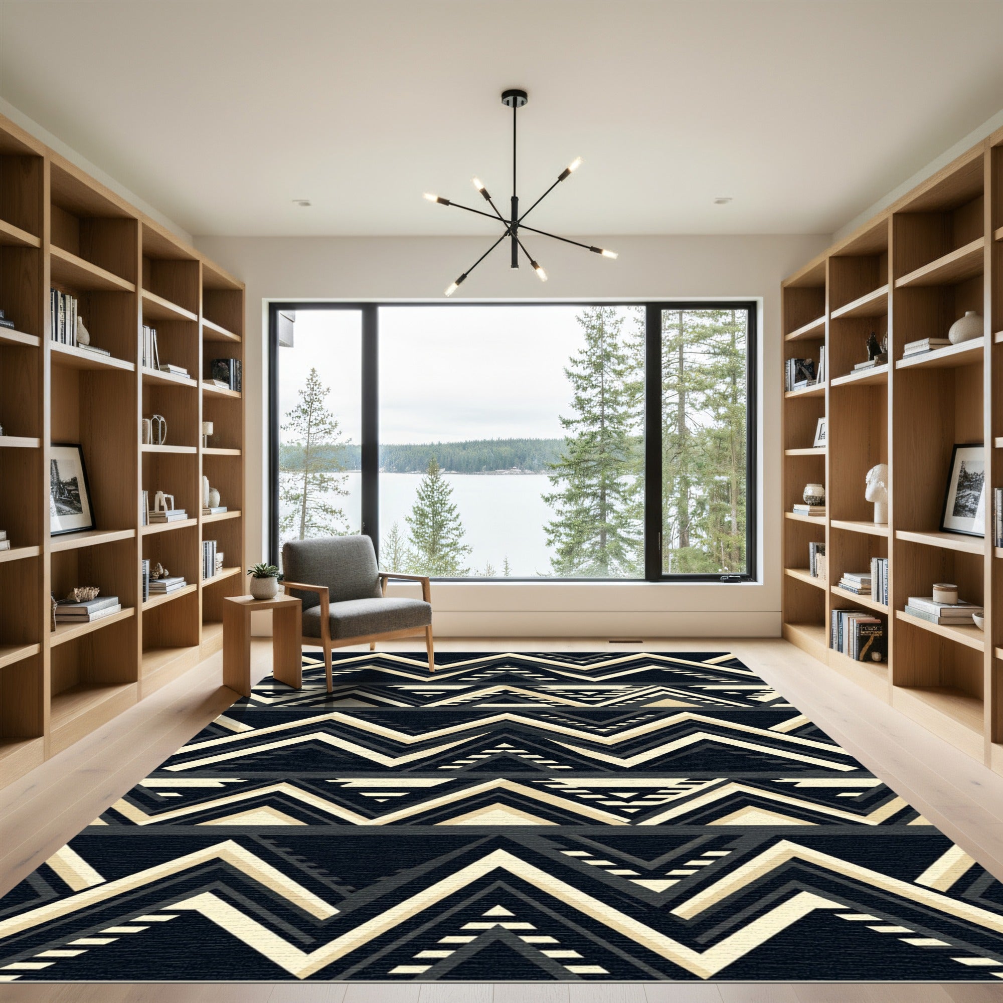 Bold Black Beige Geometric Chevron Rug
