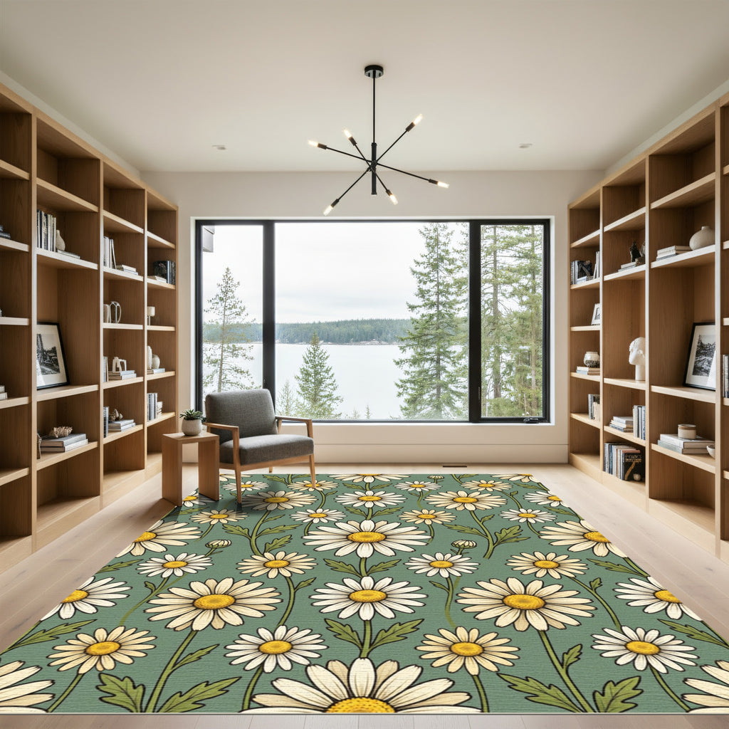Vintage Sage Meadow Daisy Floral Rug