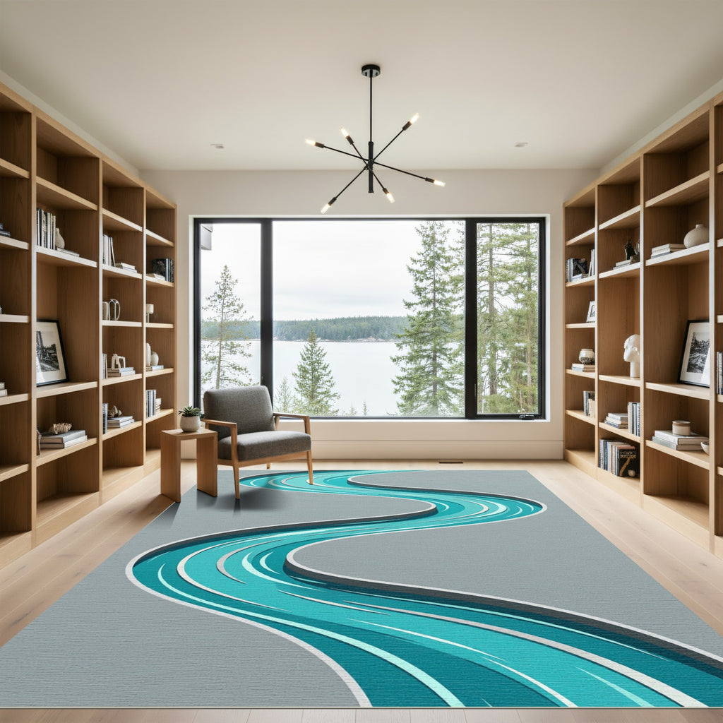 Modern Teal Abstract Wavy Flowing River Rug