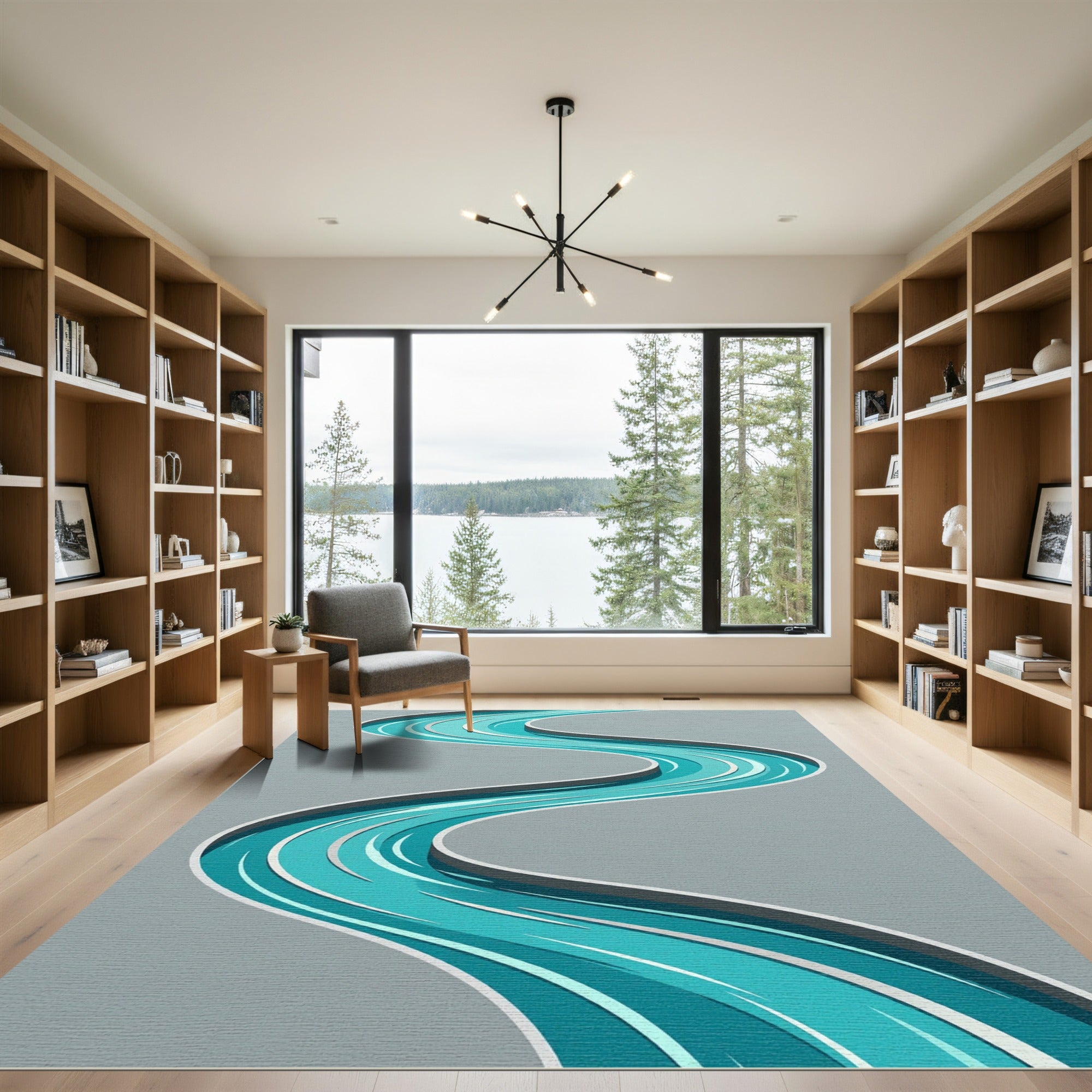 Modern Teal Abstract Wavy Flowing River Rug