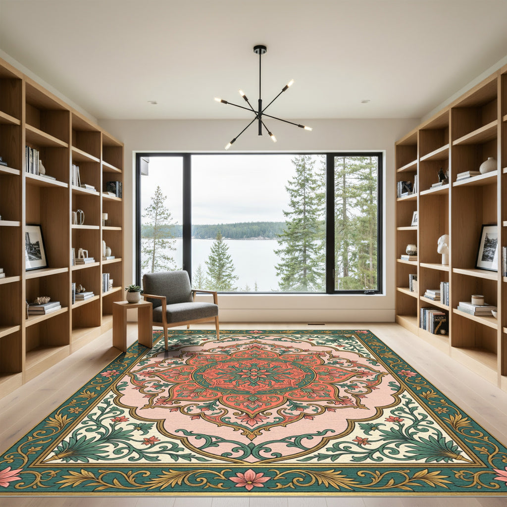 Ornate Coral Green Floral Medallion Rug