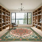 Ornate Coral Green Floral Medallion Rug