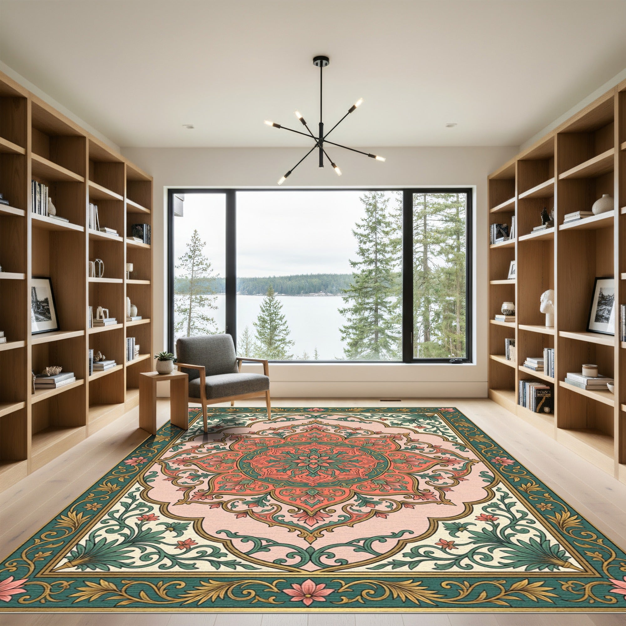 Ornate Coral Green Floral Medallion Rug