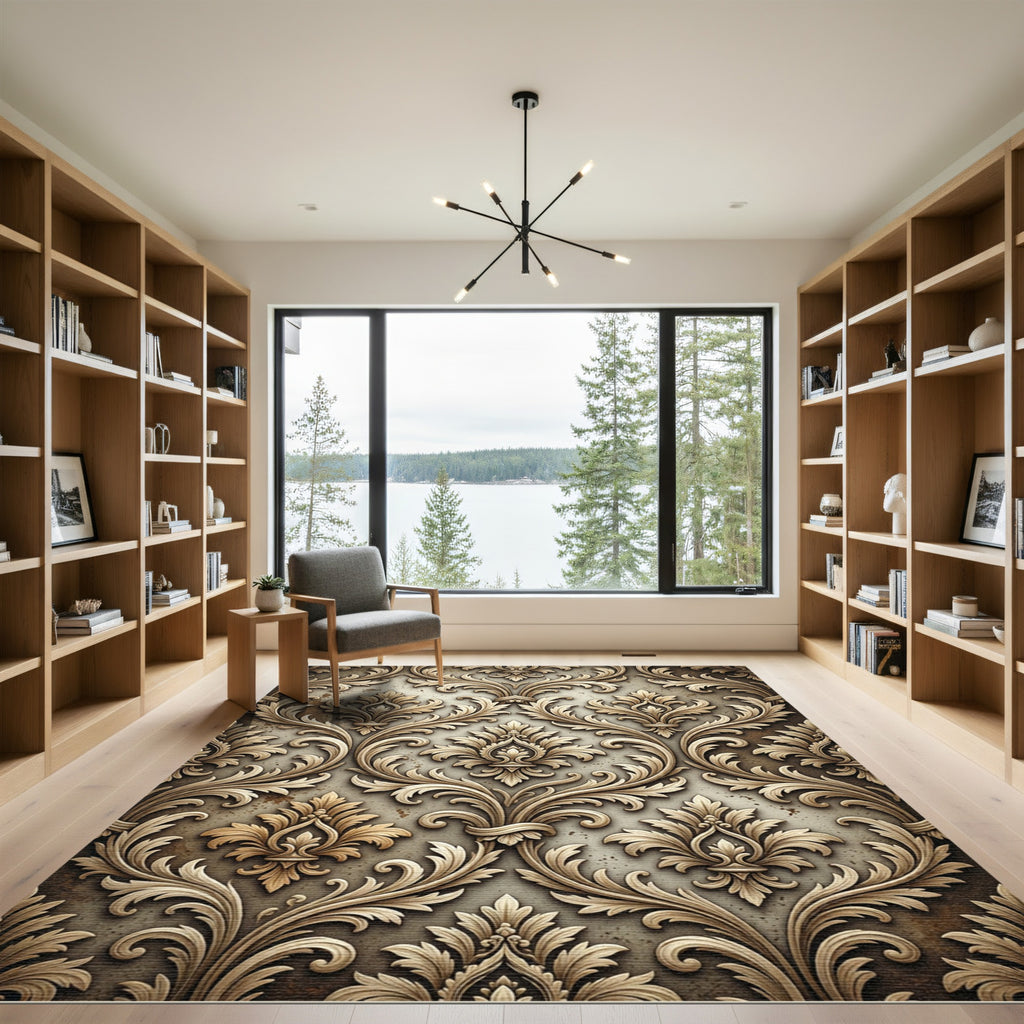 Elegant Gold Ornamental Damask Scroll Rug