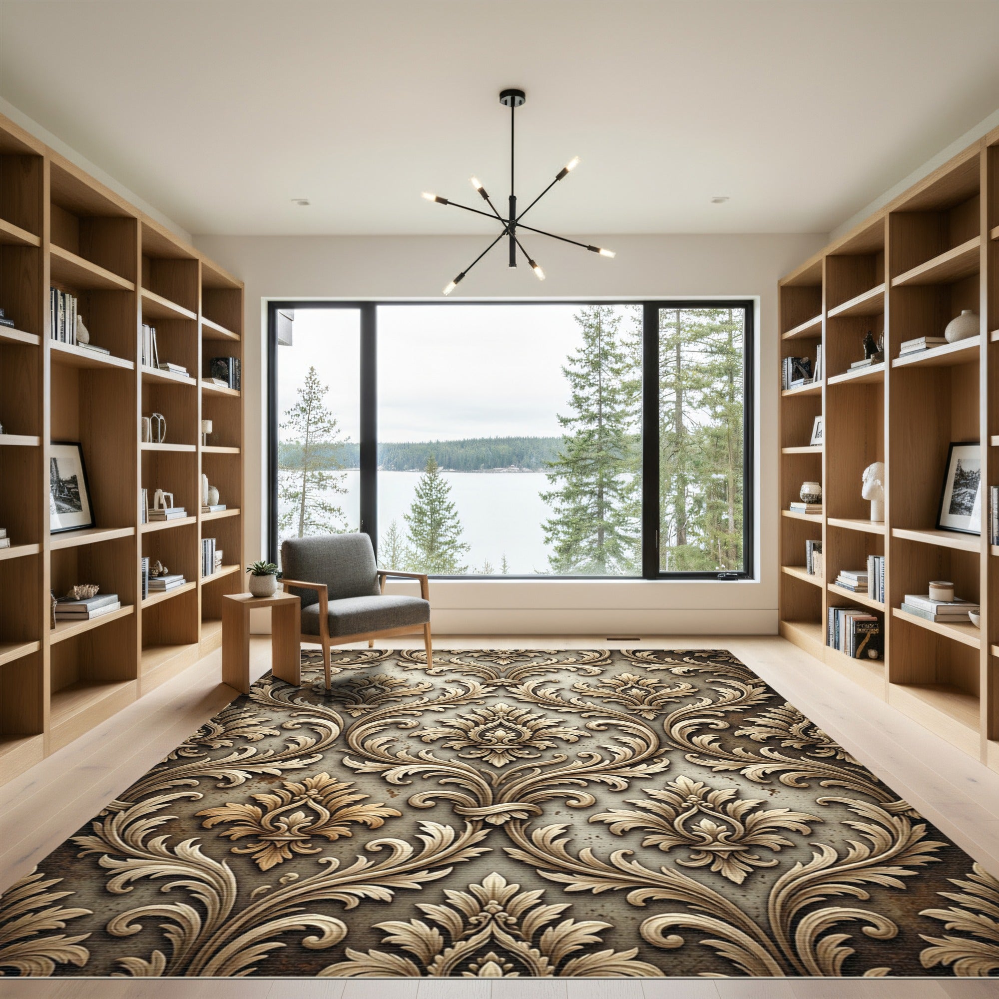 Elegant Gold Ornamental Damask Scroll Rug