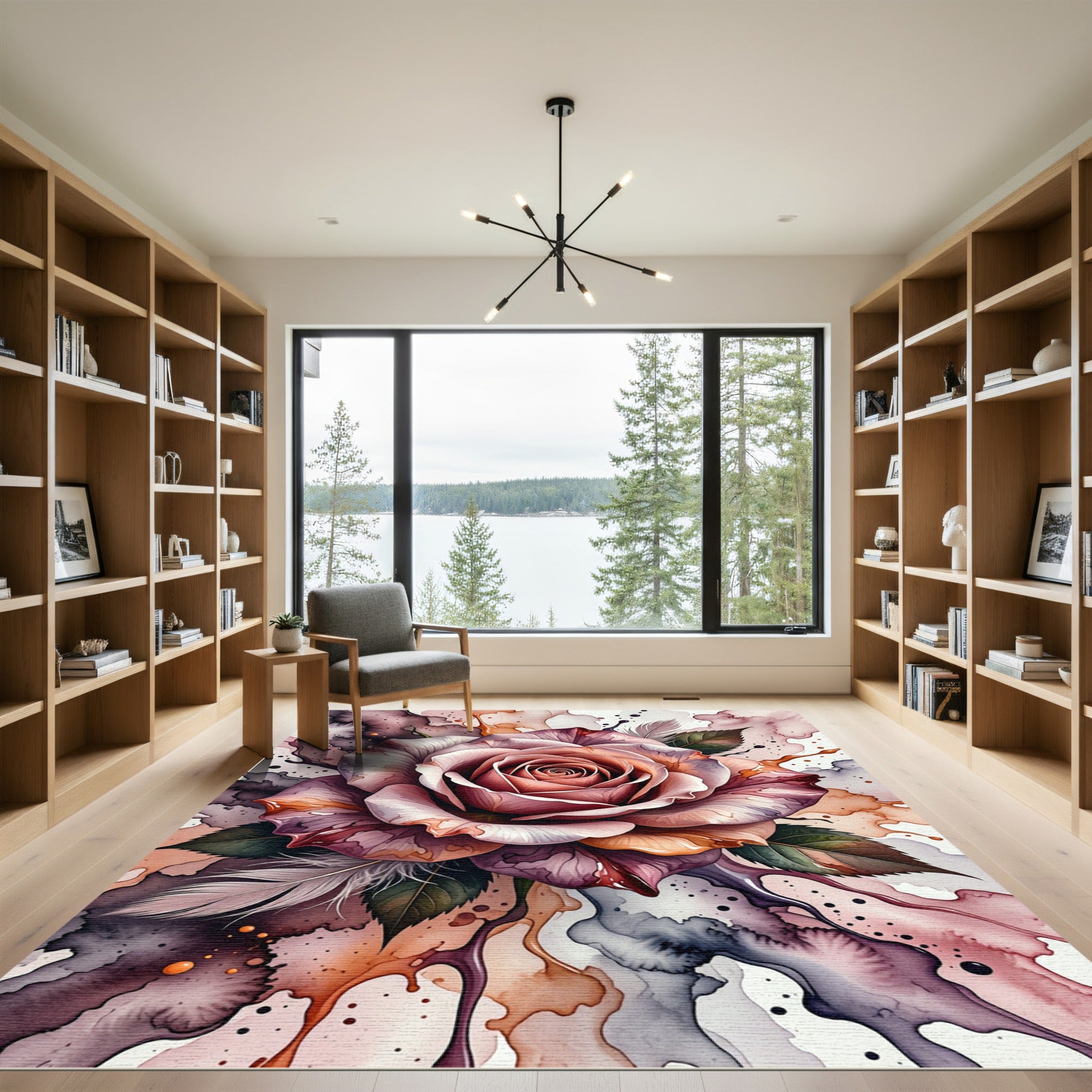 Ethereal Rose Watercolor Splash Feathers Rug