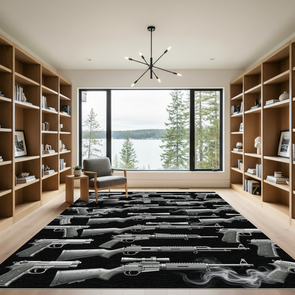 Monochromatic Tactical Firearms Smoke Illustration Rug