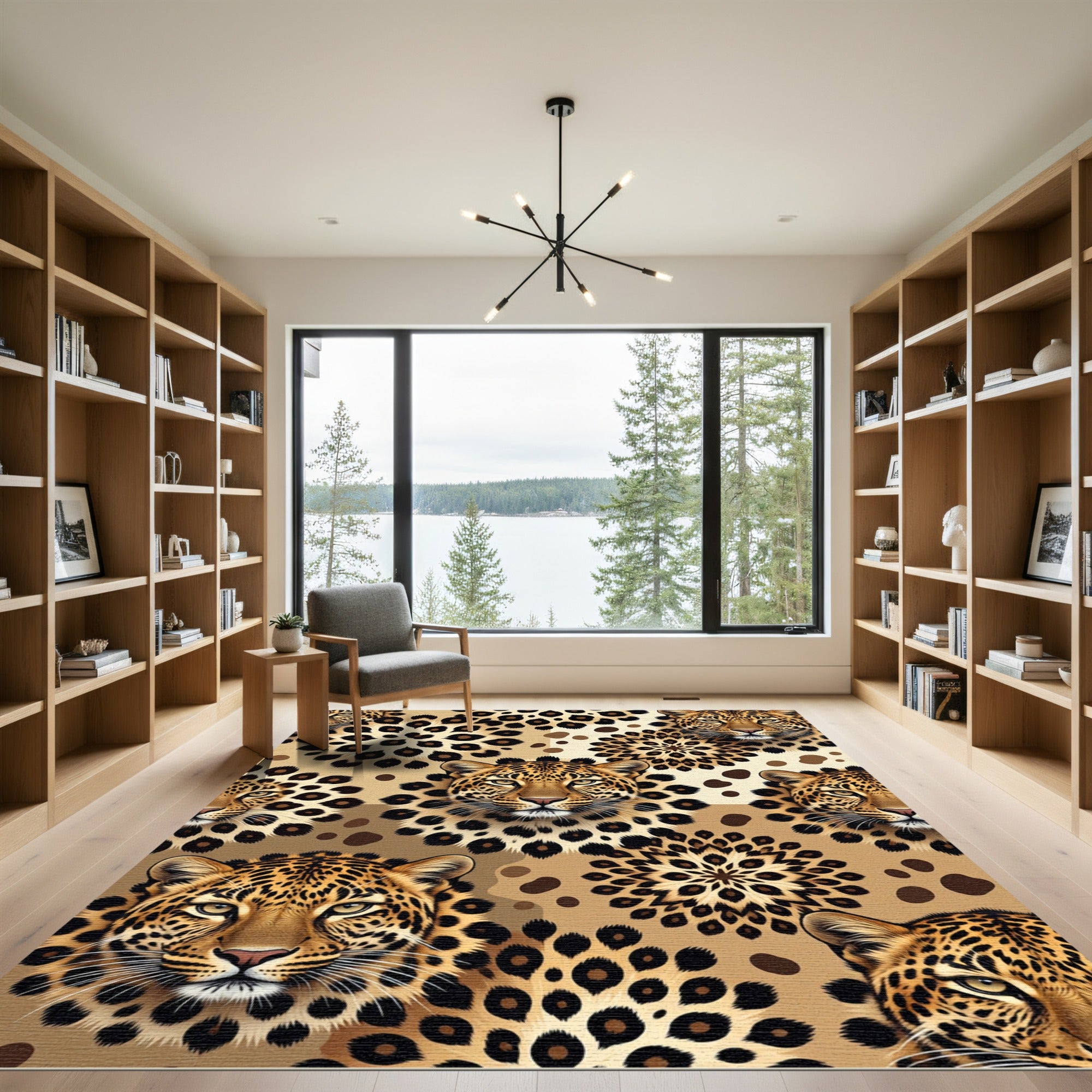 Golden Leopard Face and Rosette Tapestry Rug