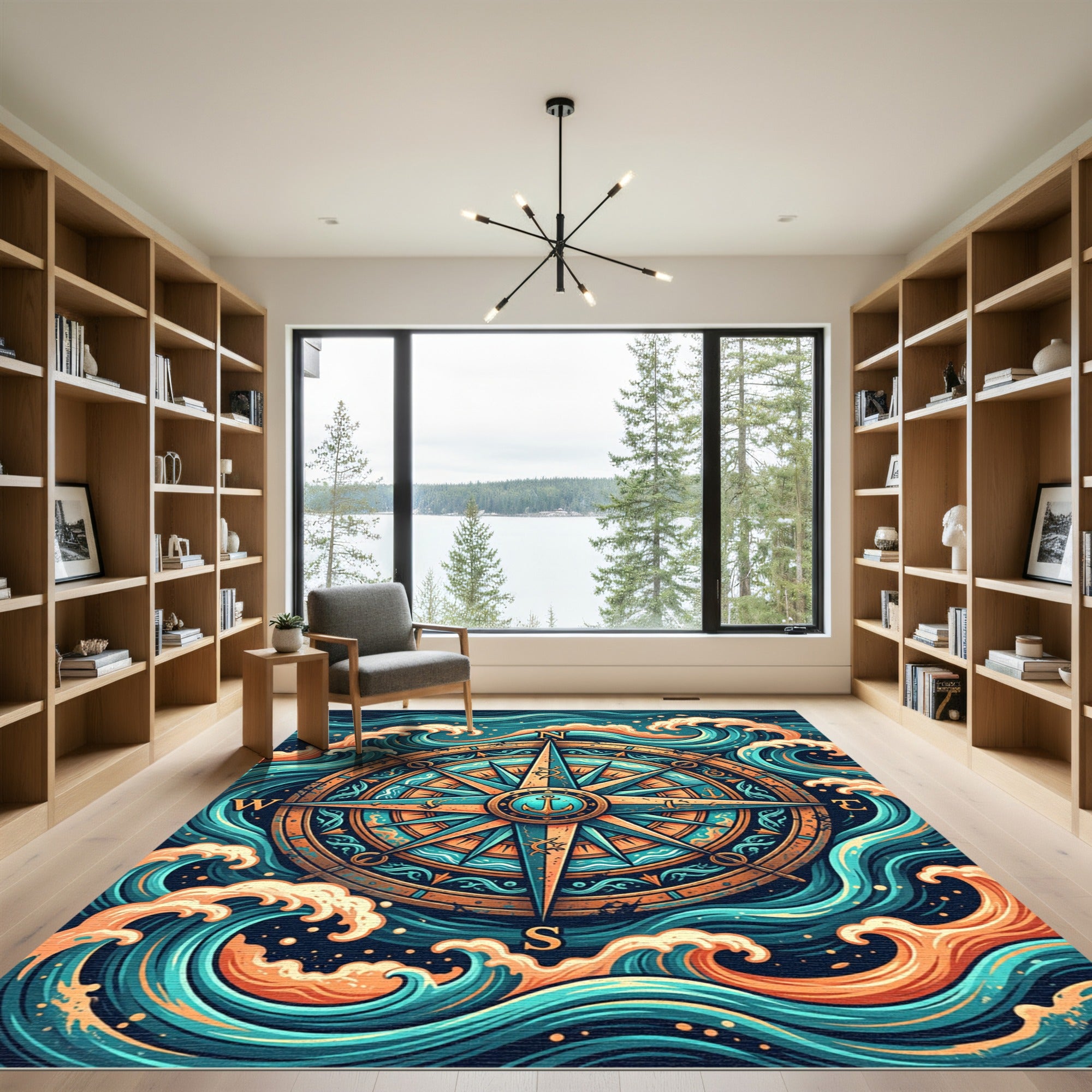 Nautical Compass and Radiant Waves Rug
