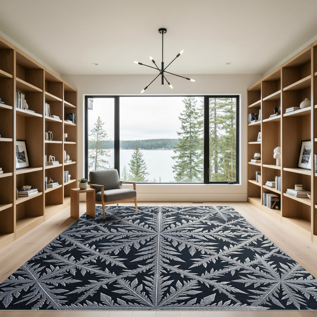 Monochrome Frosty Crystal Fern Floral Rug