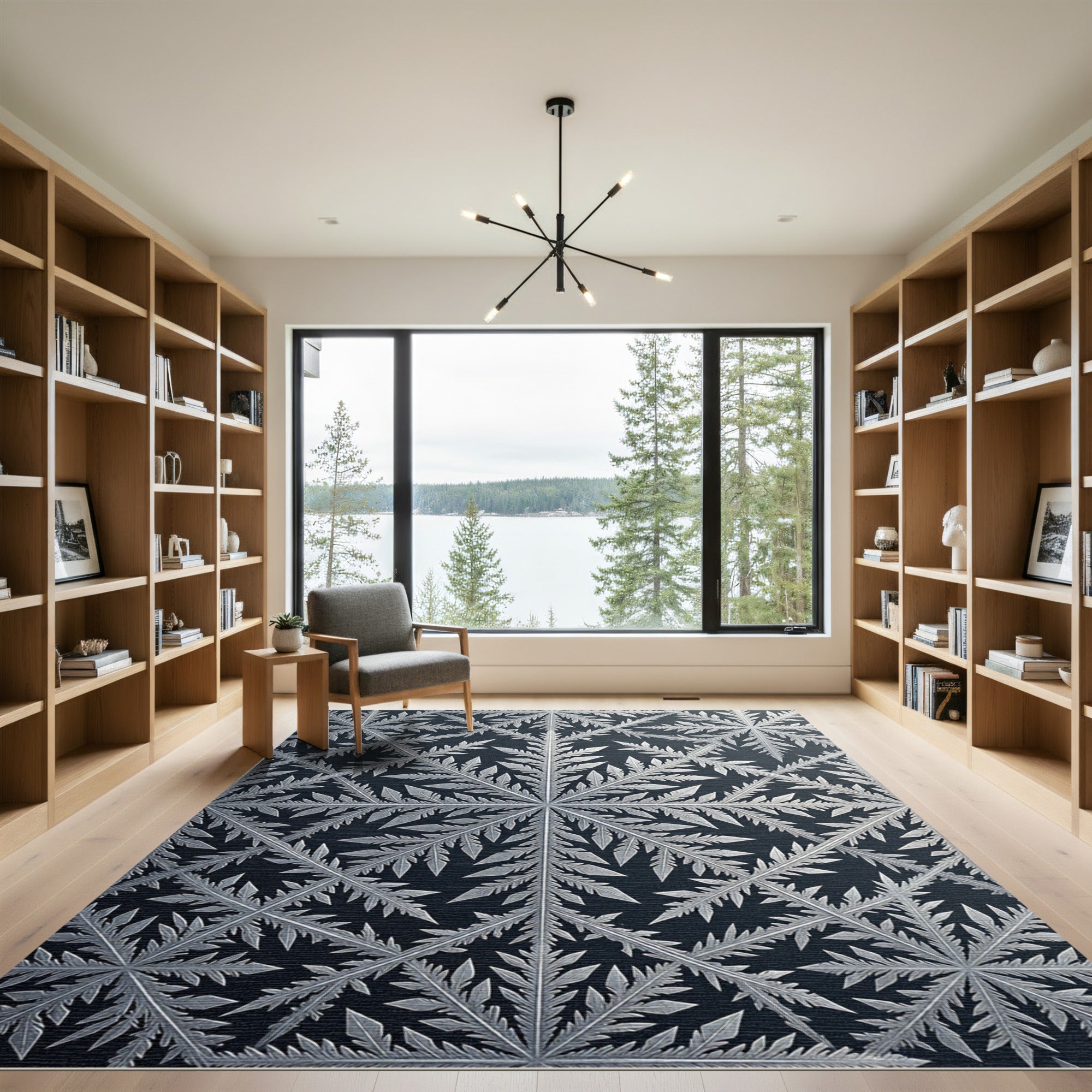 Monochrome Frosty Crystal Fern Floral Rug