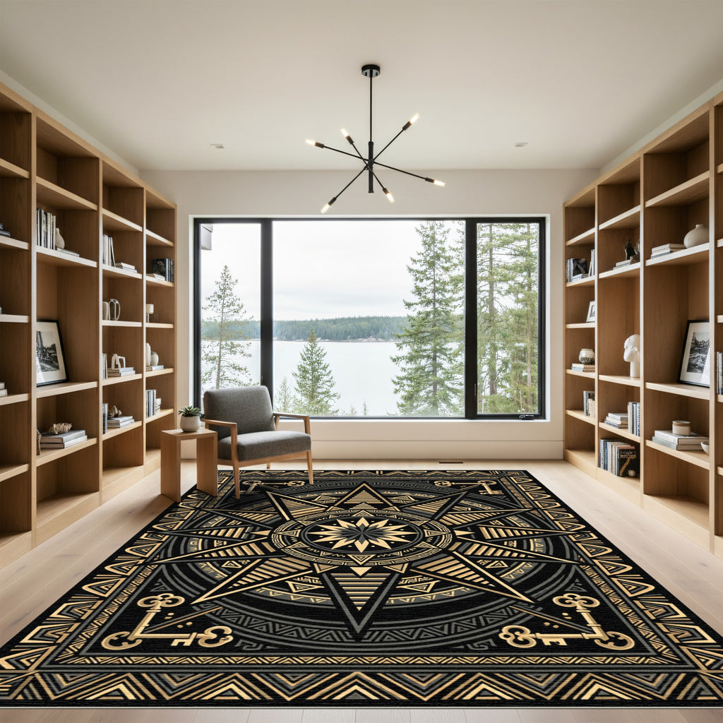 Golden Celestial Geometric Star Key Rug