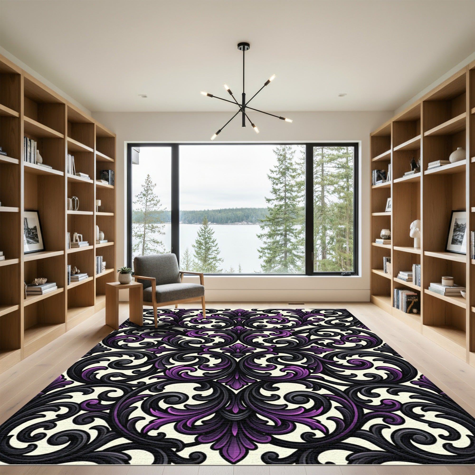 Elegant Black and Purple Baroque Scroll Rug