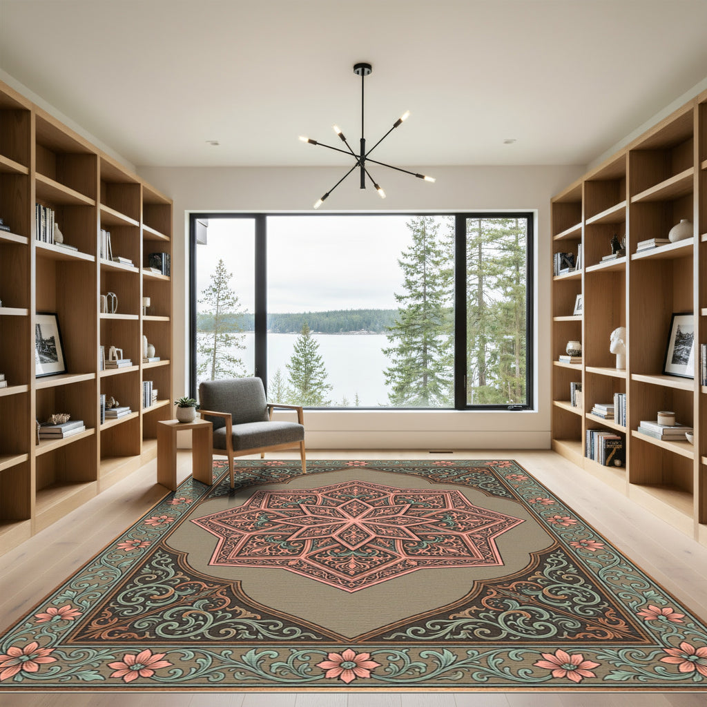 Coral Pink Intricate Floral Star Rug