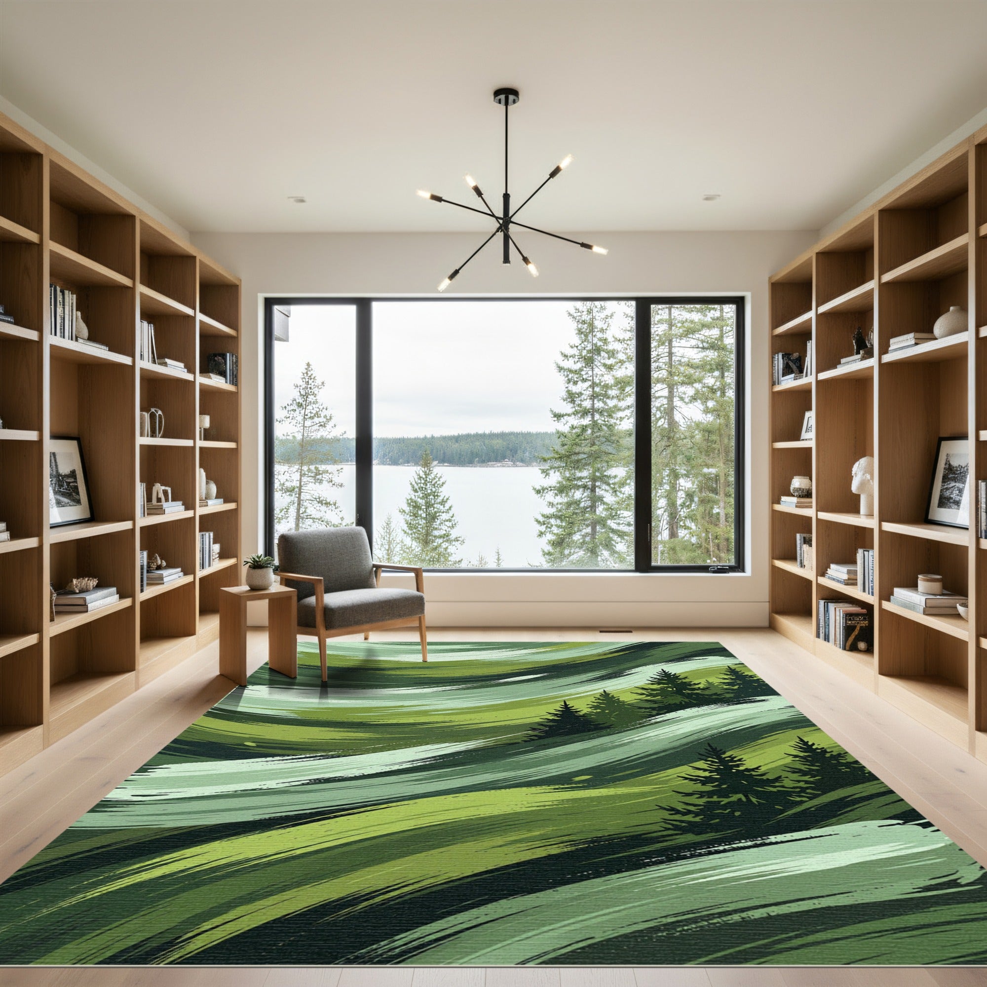 Abstract Green Forest Brushstroke Landscape Rug