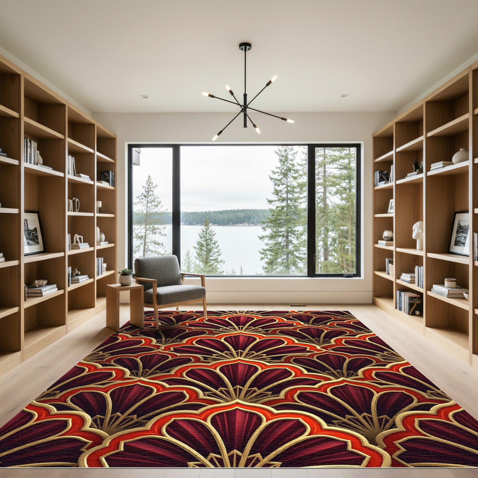 Crimson Fan Art Deco Overlay Rug