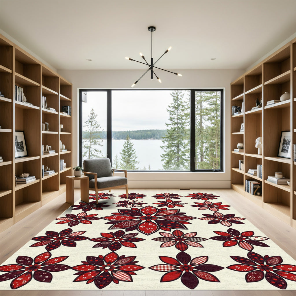 Crimson Floral Medallion Patchwork Rug