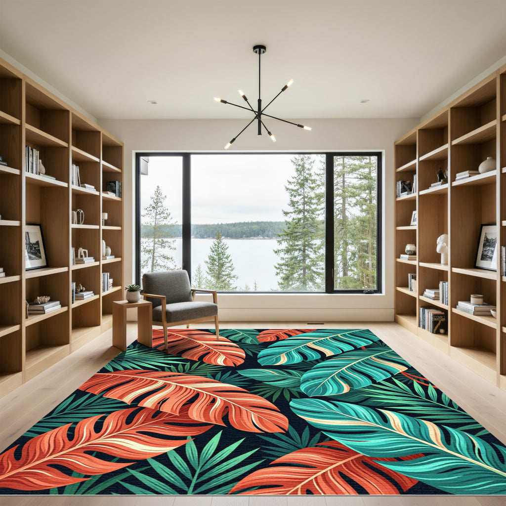 Vibrant Tropical Coral and Teal Palms Rug