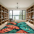 Vibrant Tropical Coral and Teal Palms Rug
