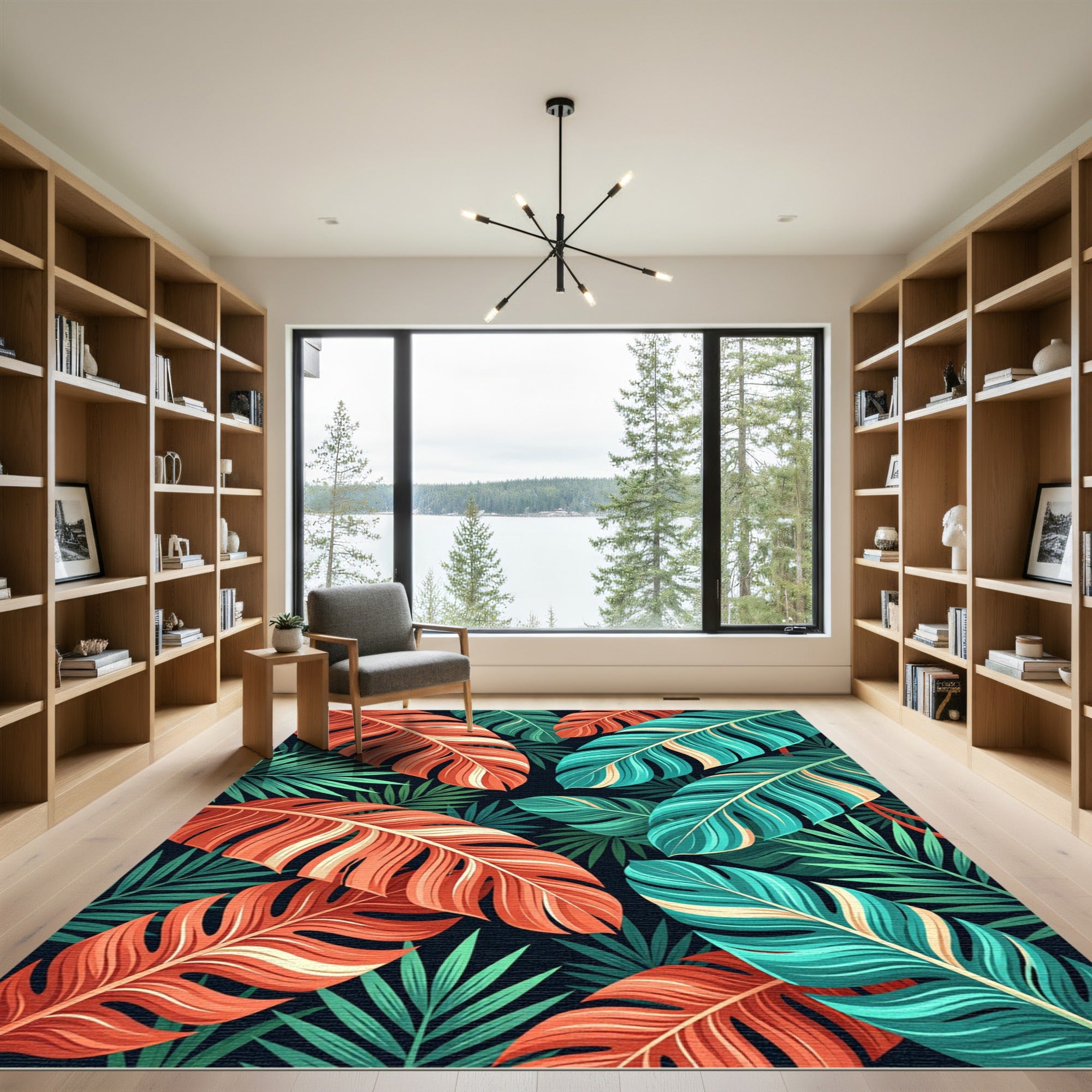Vibrant Tropical Coral and Teal Palms Rug