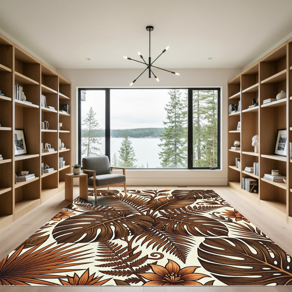 Sepia Tropical Botanical Leaf Foliage Rug
