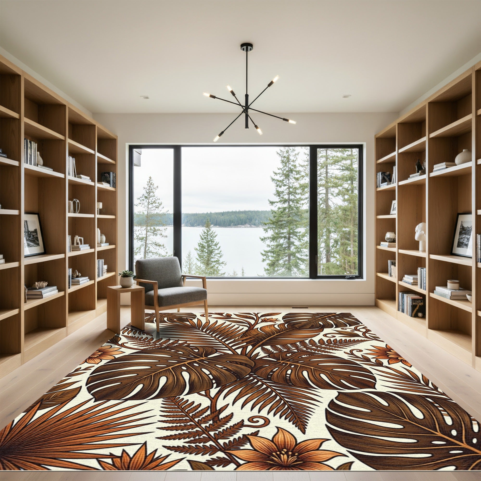 Sepia Tropical Botanical Leaf Foliage Rug