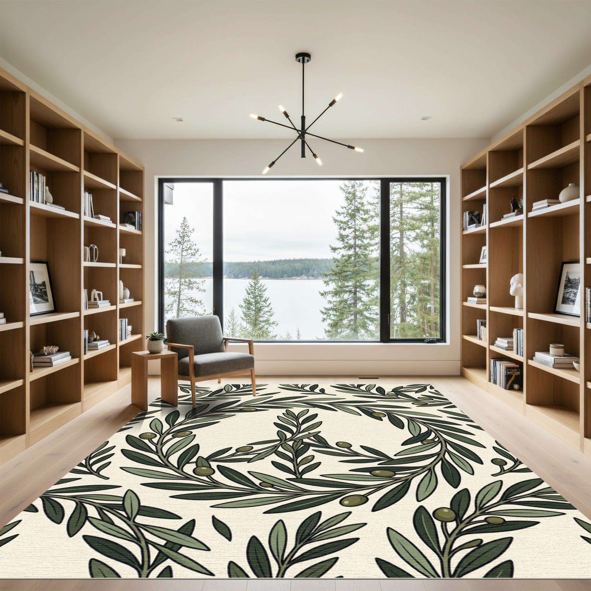 Green Olive Branch Wreath Cream Rug