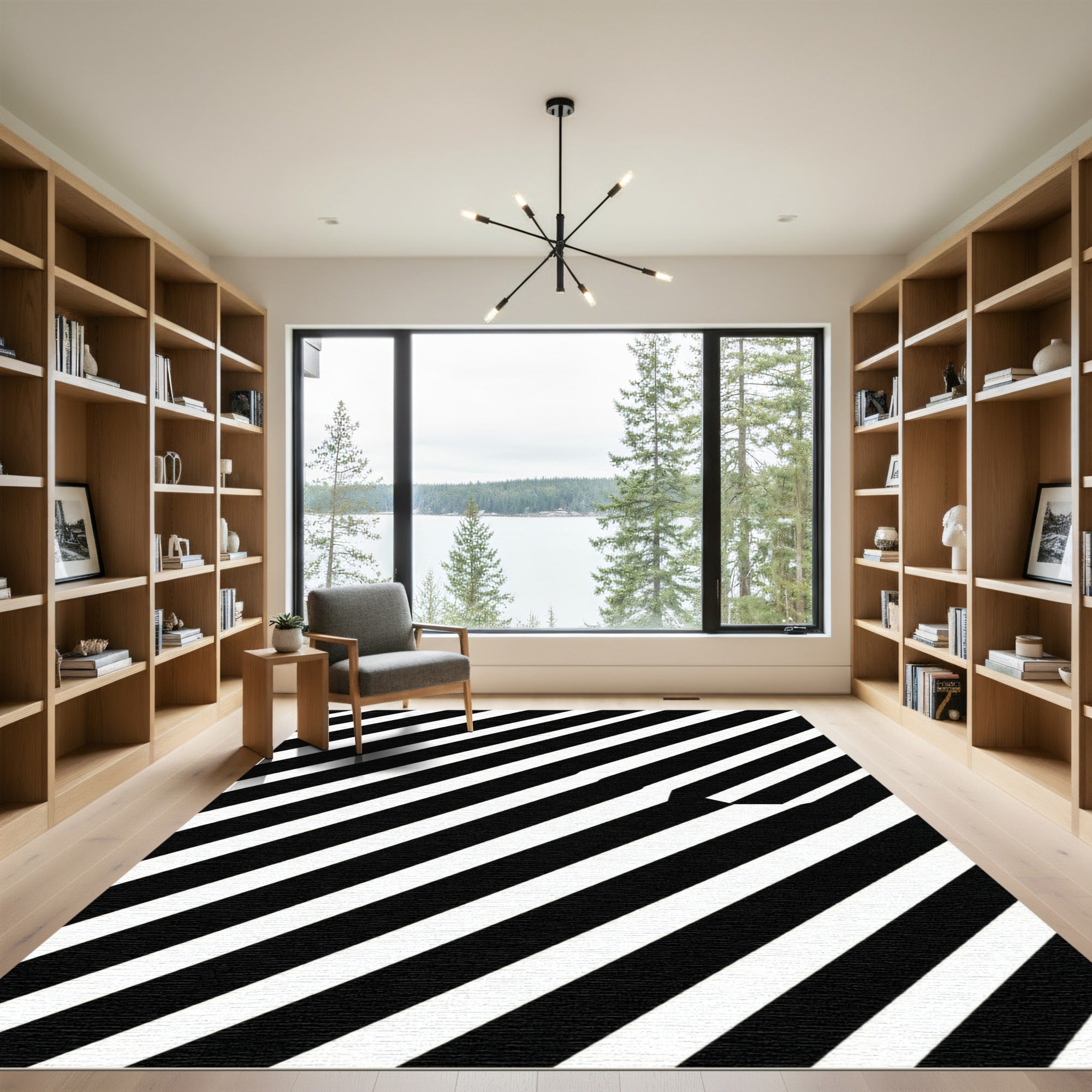 Bold Black White Diagonal Stripe Rug
