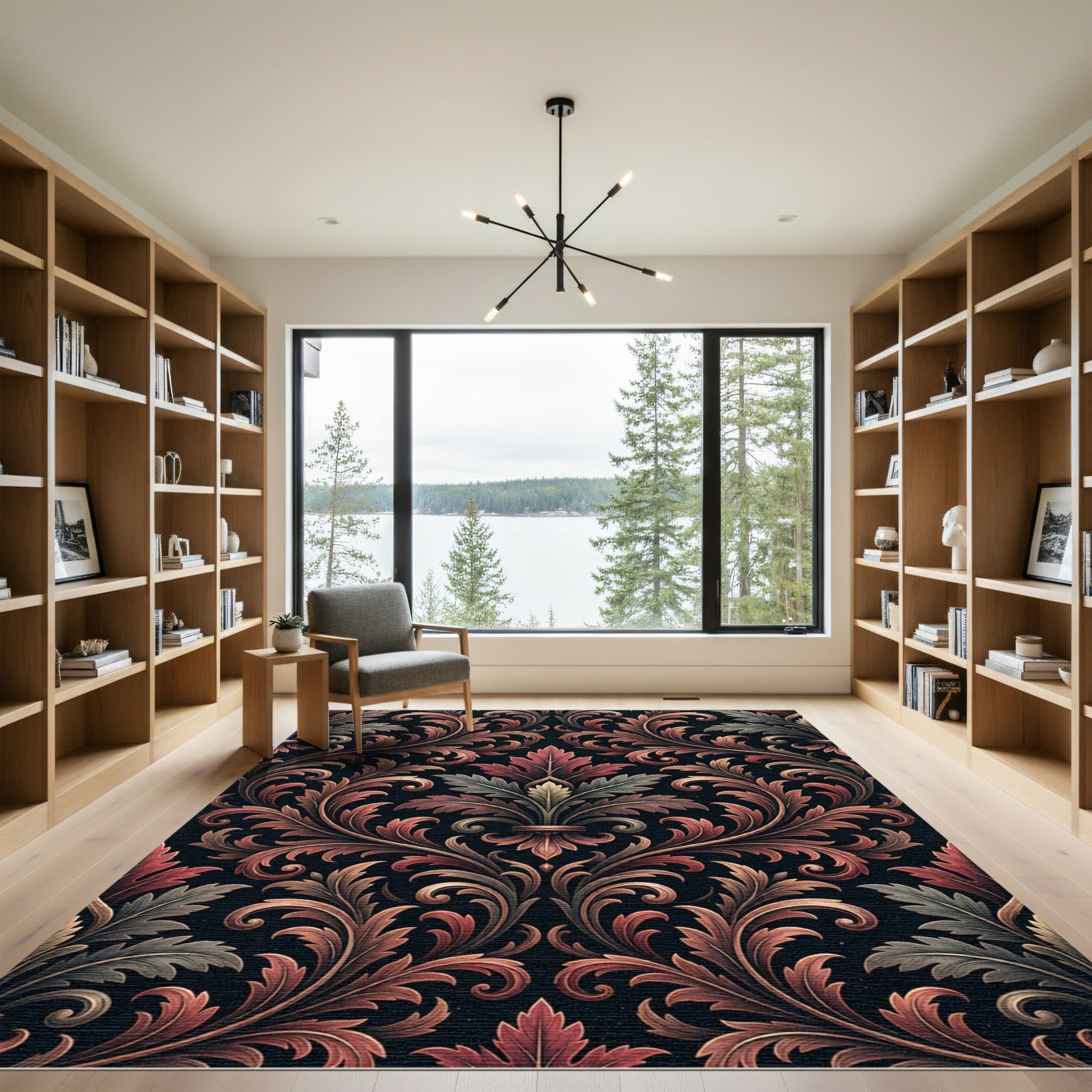 Ornate Crimson Foliage Scroll Damask Rug