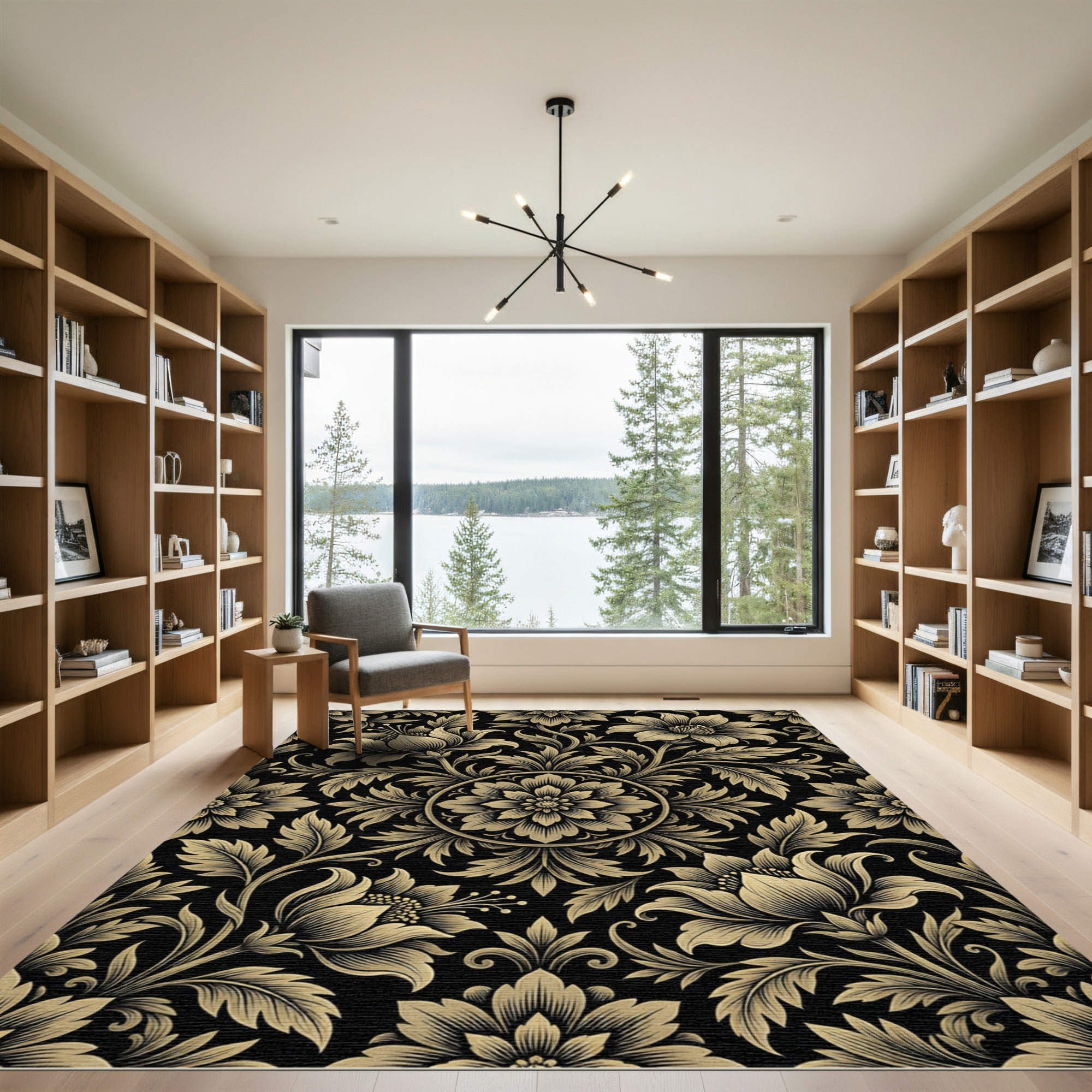 Opulent Black Gold Floral Scroll Rug