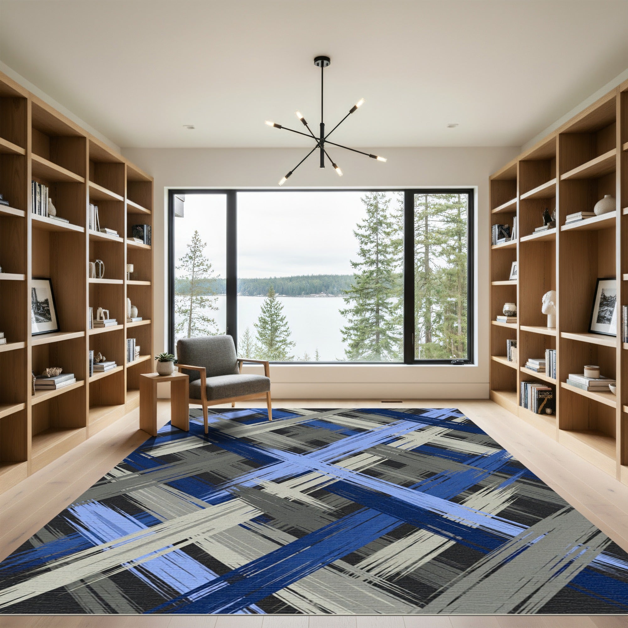 Abstract Blue Gray Plaid Brushstrokes Rug