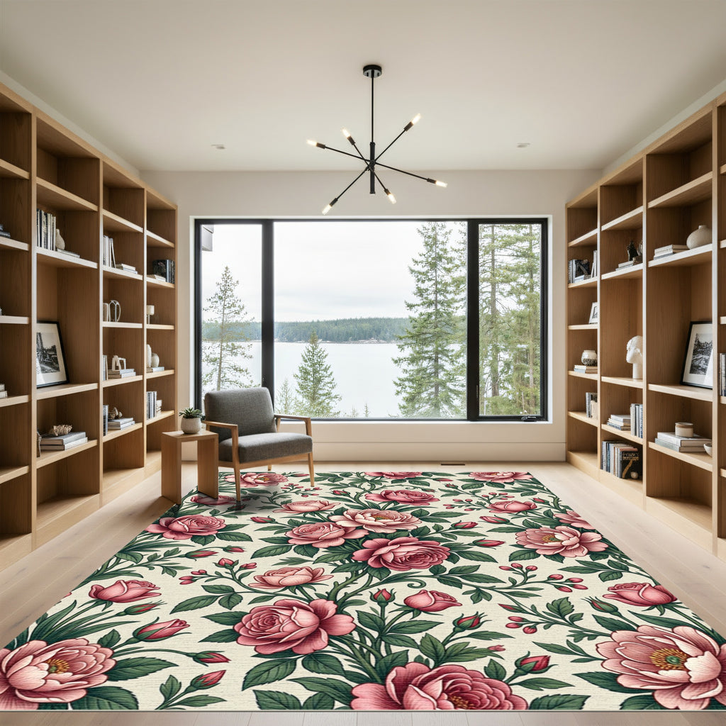 Elegant Pink Rose Garden Floral Rug