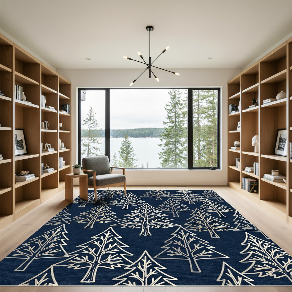 Gold Pine Forest Navy Background Rug
