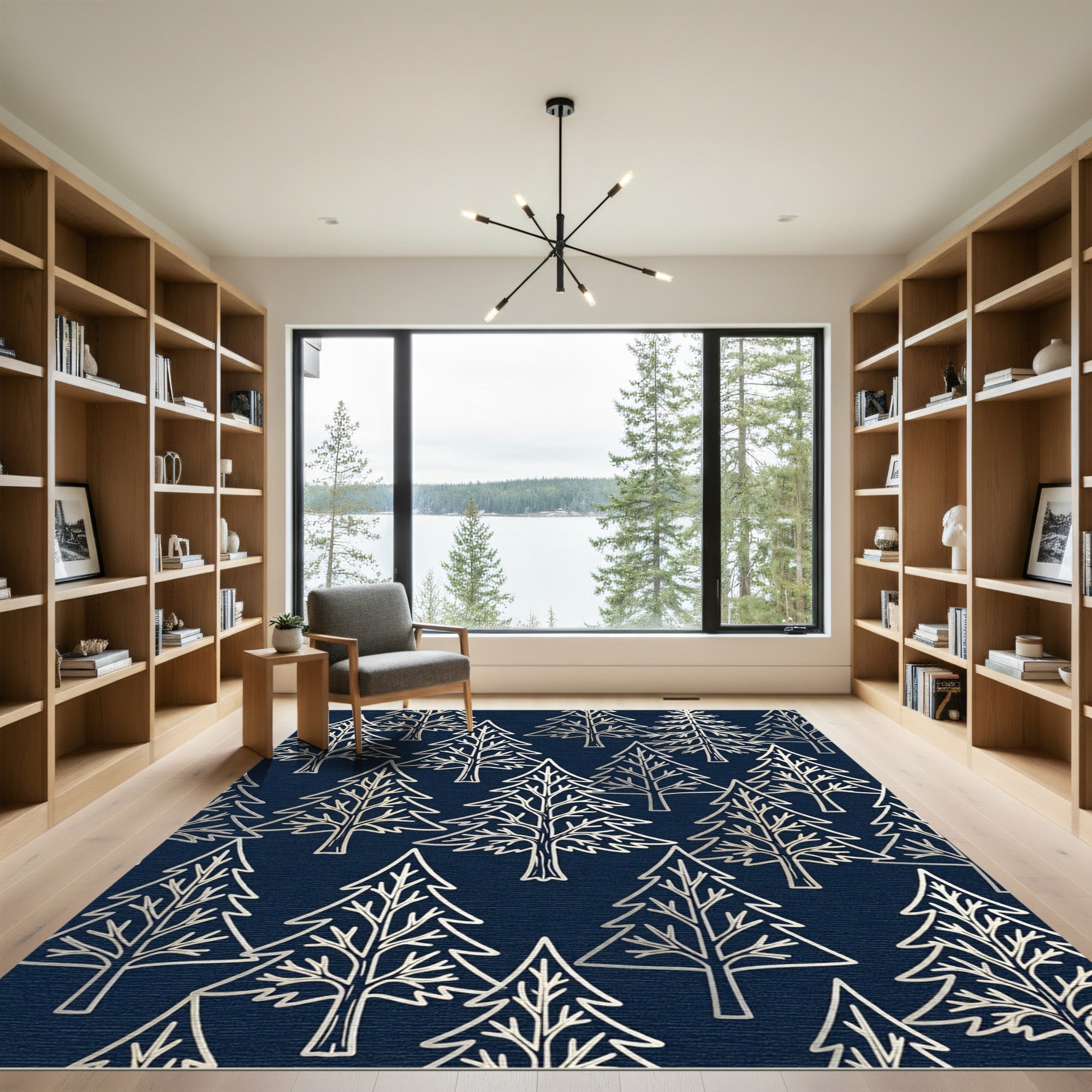 Gold Pine Forest Navy Background Rug