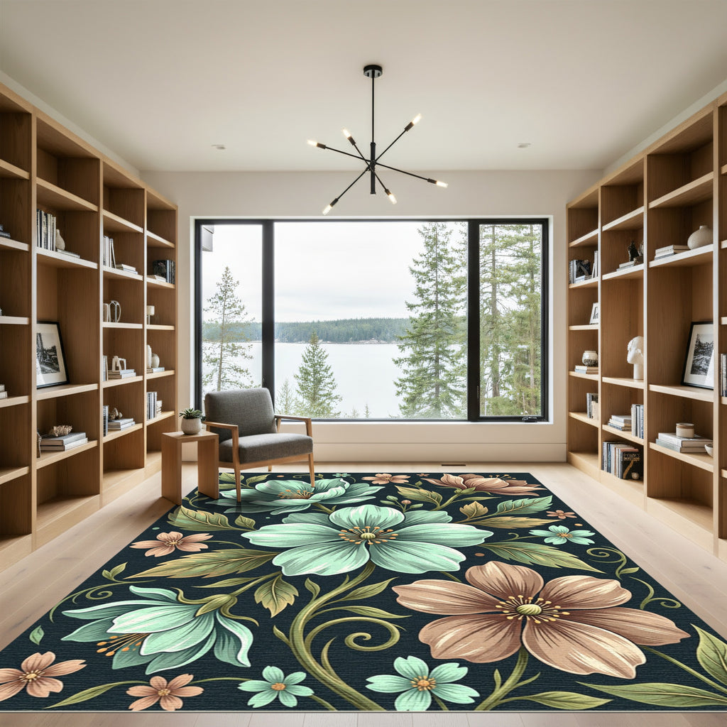 Ethereal Mint and Copper Floral Illustration Rug
