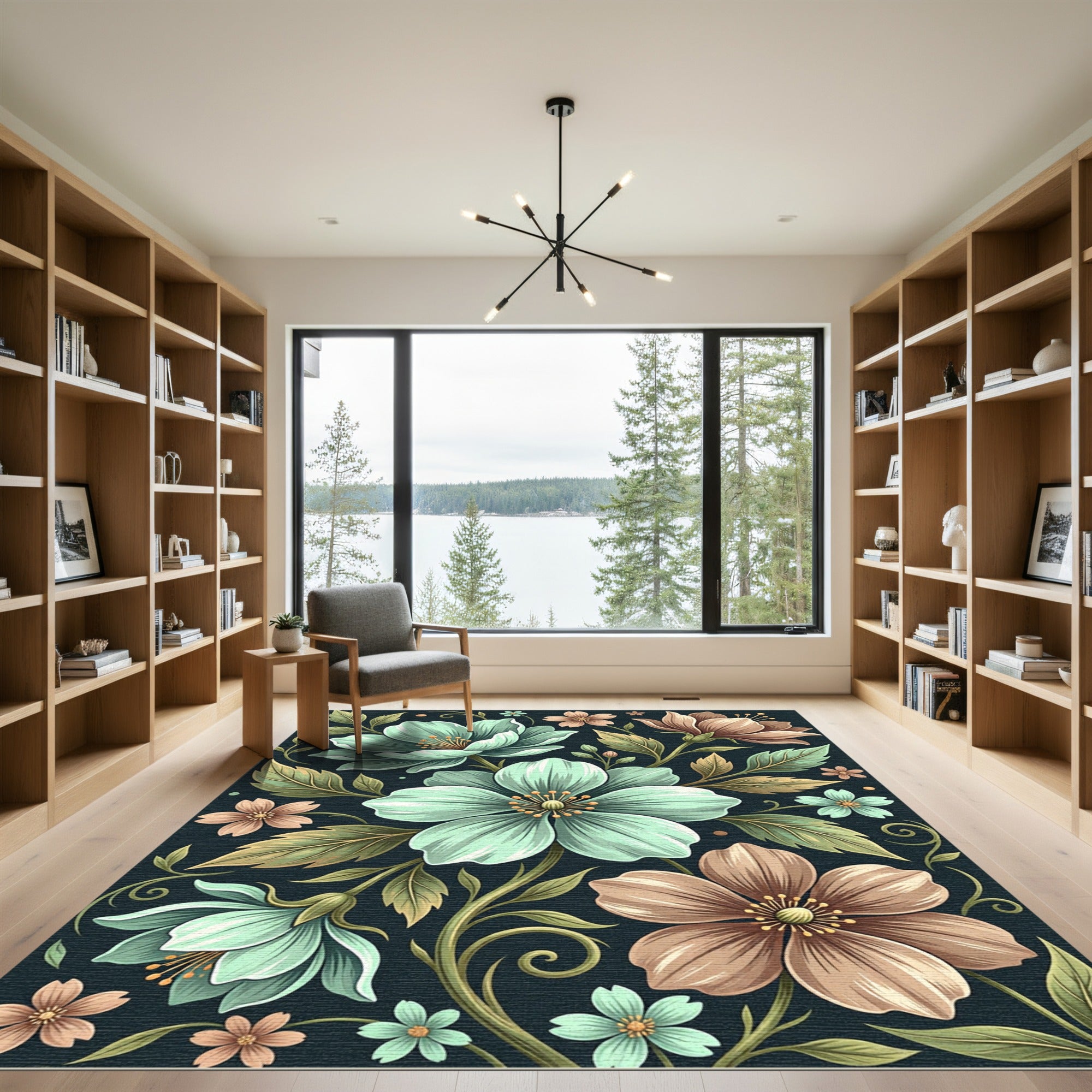 Ethereal Mint and Copper Floral Illustration Rug