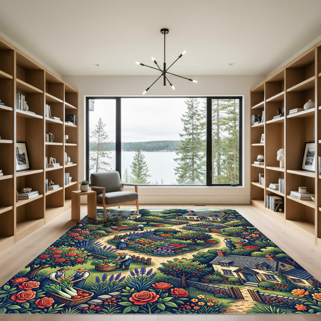Enchanted Pastoral Orchard Garden Scene Rug
