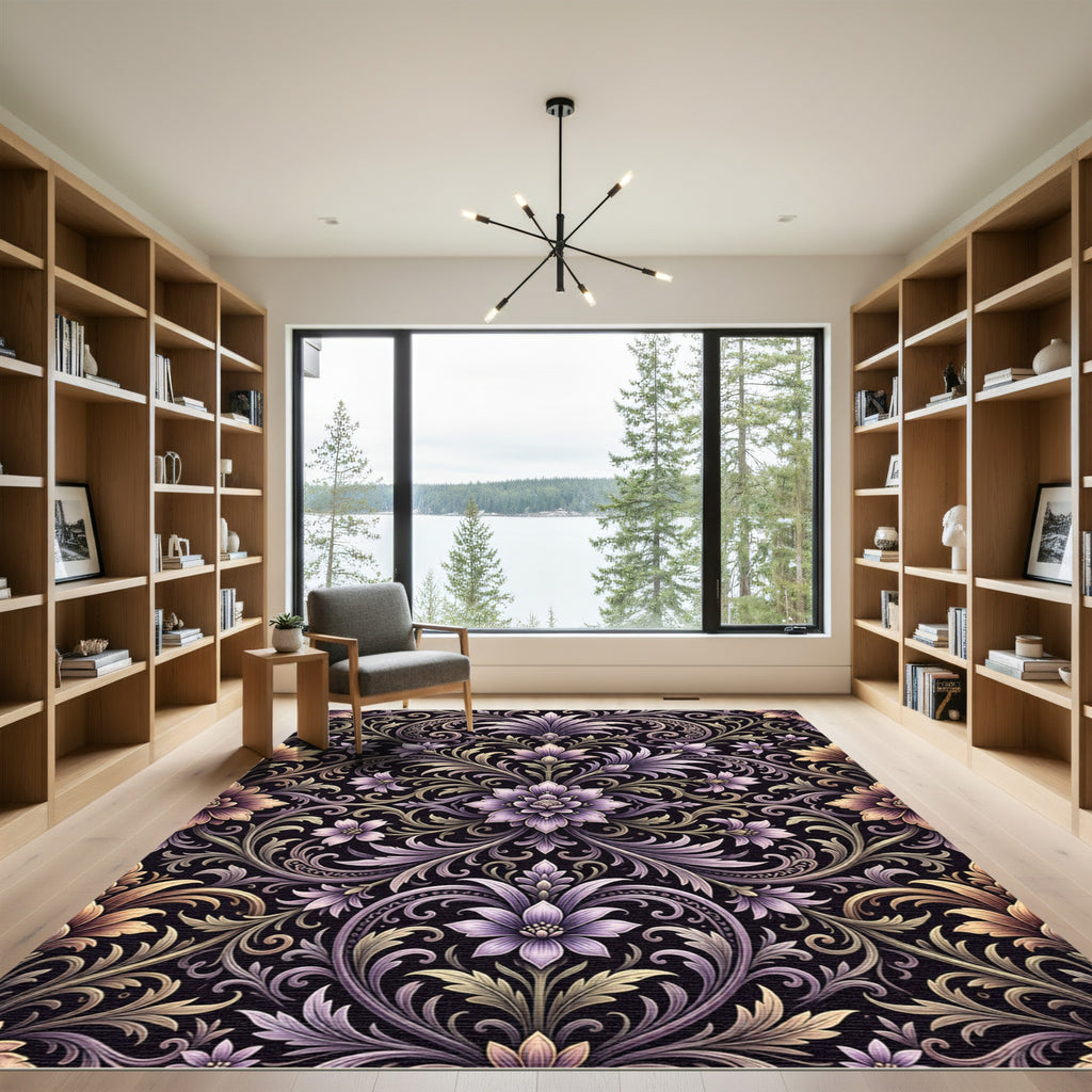 Elegant Lilac Floral Damask Jewel Scroll Rug