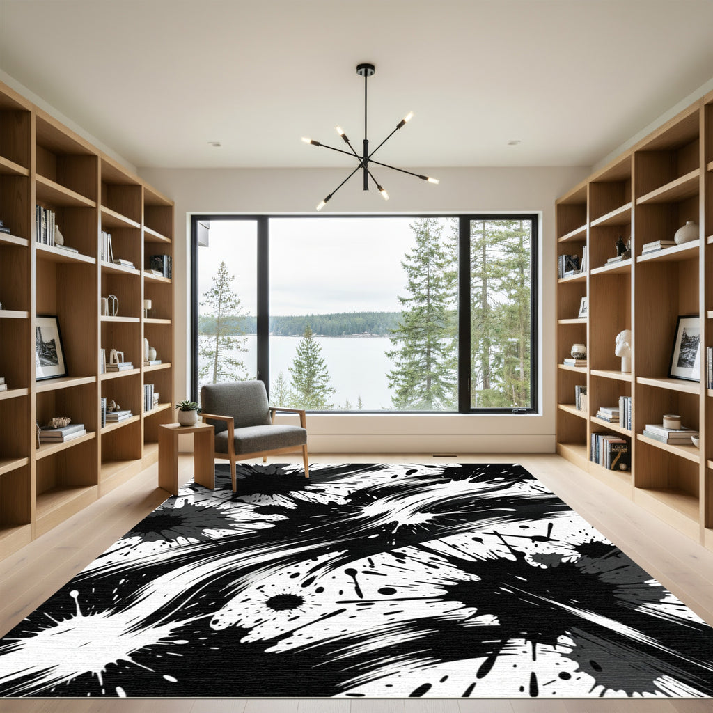 Dynamic Black and White Ink Splash Rug