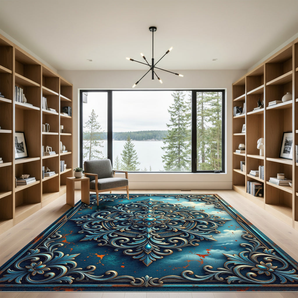 Ornate Blue Gold Celestial Filigree Rug