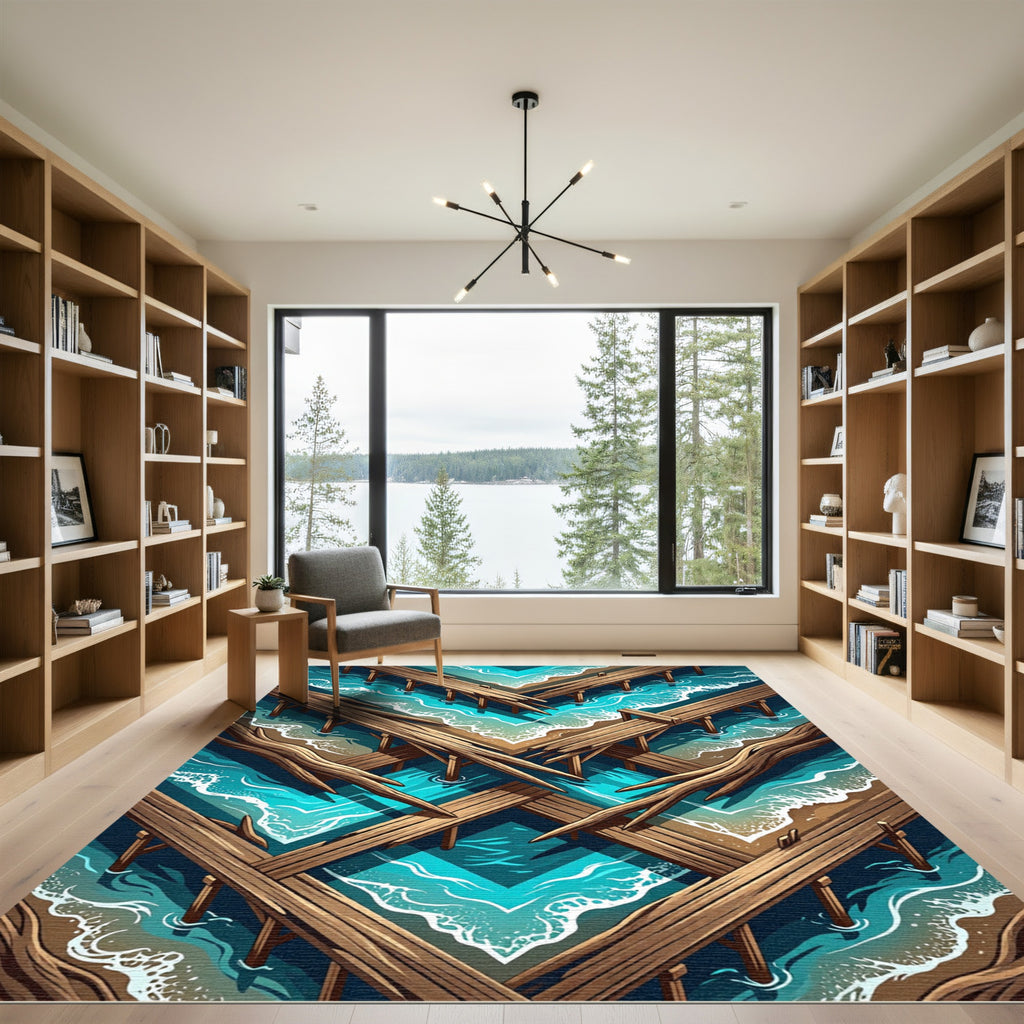 Geometric Teal Ocean Pier Shoreline Rug