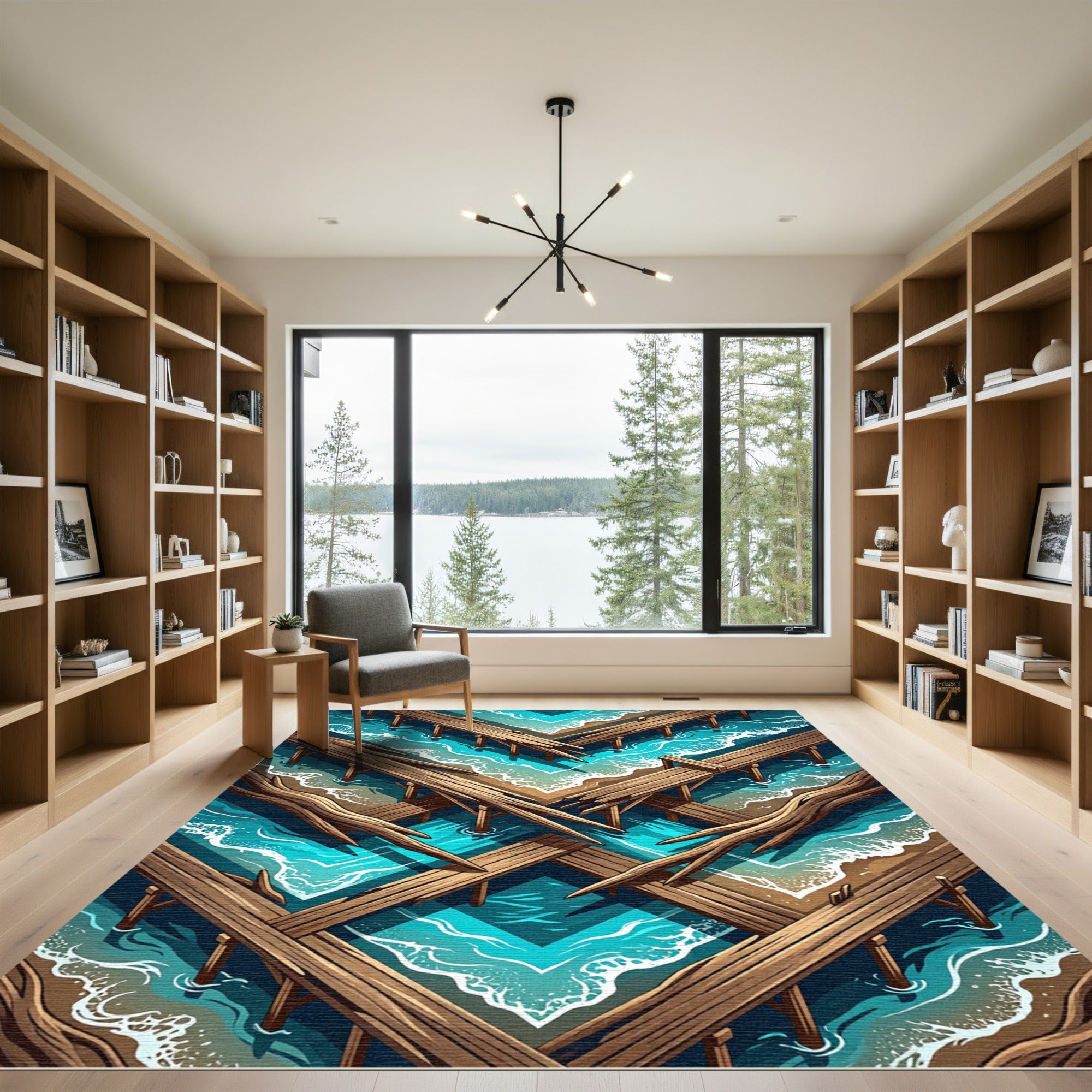 Geometric Teal Ocean Pier Shoreline Rug