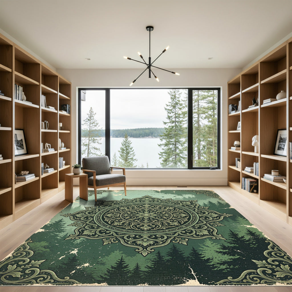 Forest Green Ornate Mandala Rug