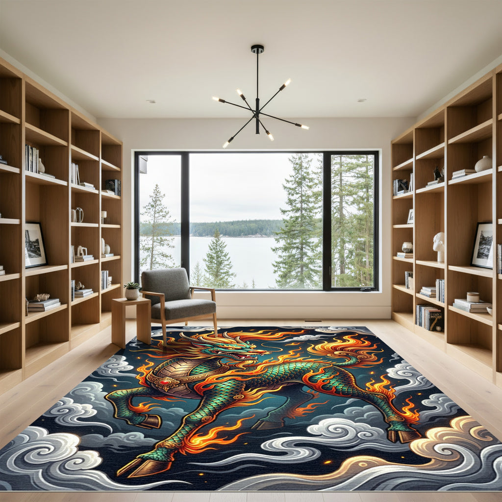 Emerald Mythical Qilin Flaming Dragon Rug
